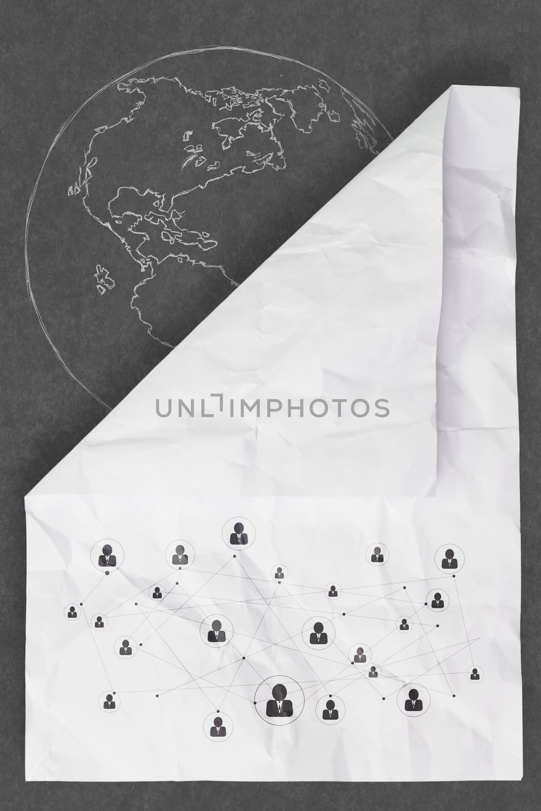 crumpled paper as social network structure on wrinkled paper creative concept 
