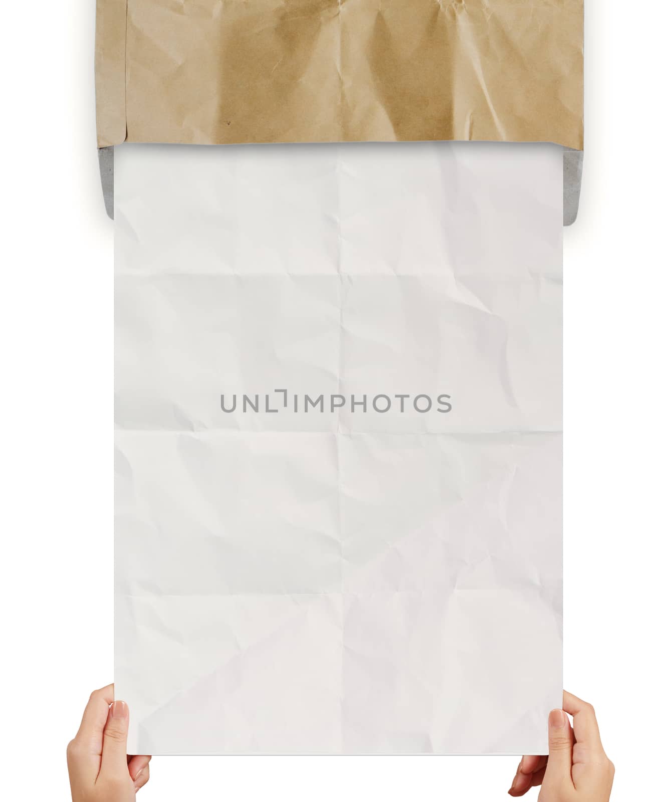 hand pulling crumpled paper from recycle envelope  by everythingpossible