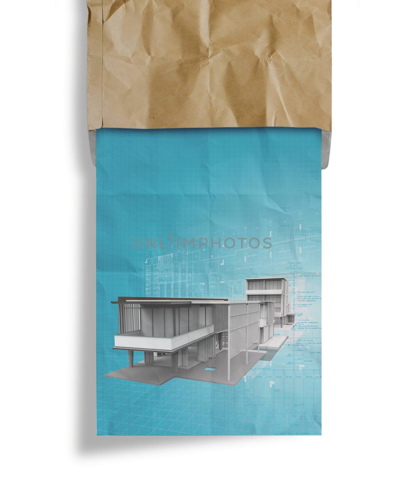 new modern architectural 3d on crumpled paper and recycle envelope background as concept