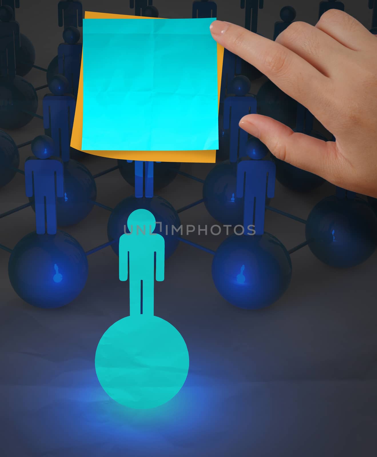 sticky note  3d human social network on crumpled paper background as concept