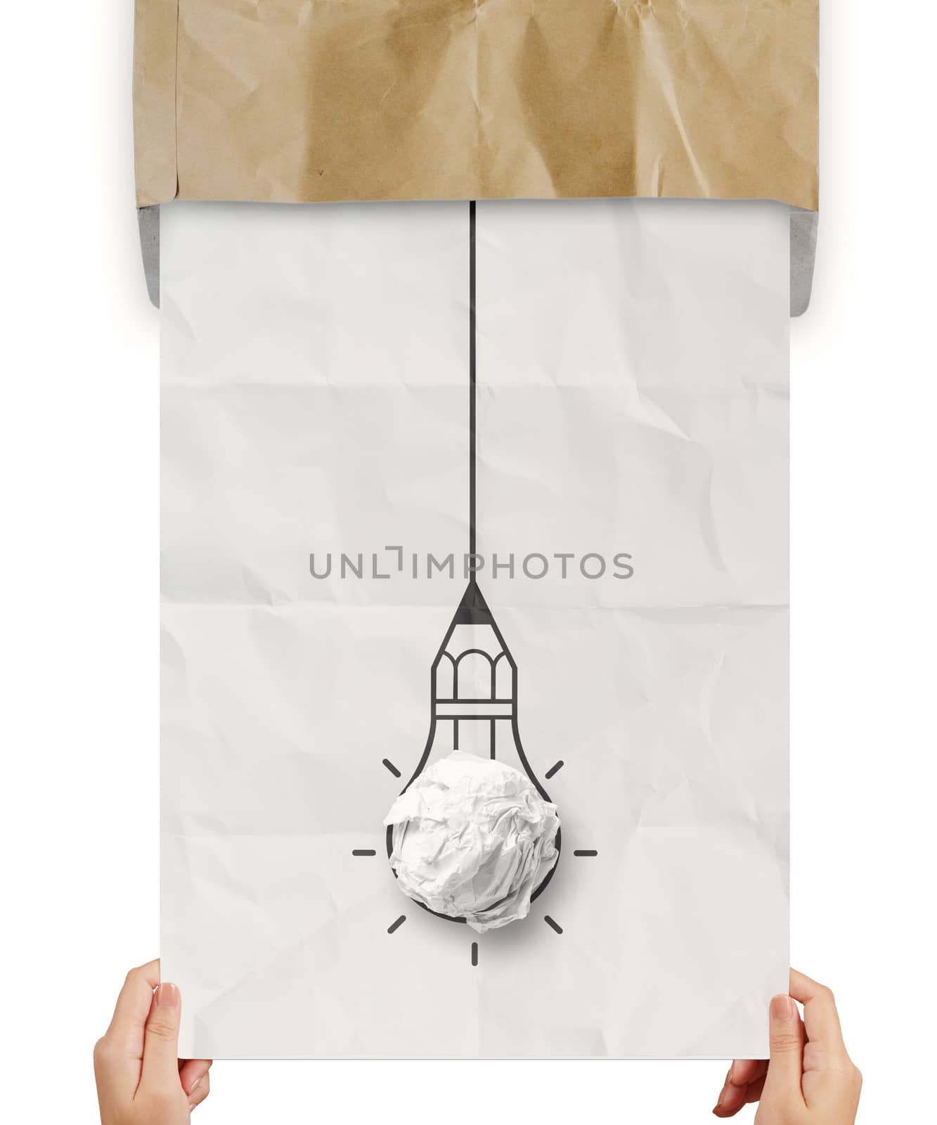 hand pulling light bulb crumpled paper out of recycle envelope  by everythingpossible