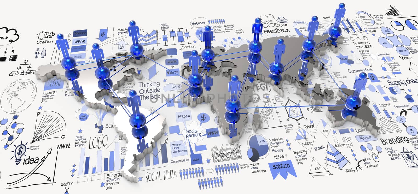 social network 3d on world map and hand drawn business strategy  by everythingpossible