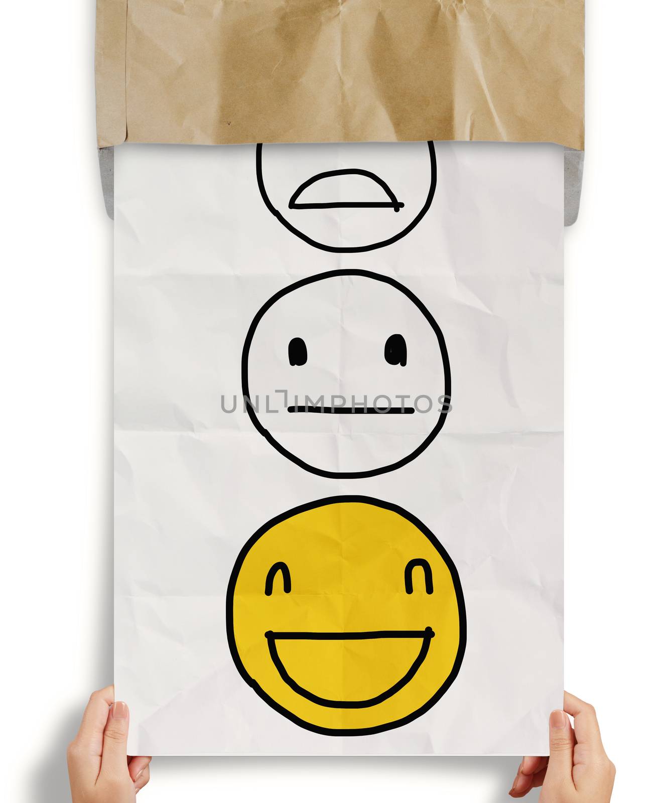 hand pull crumpled paper with customer service evaluation icon  by everythingpossible