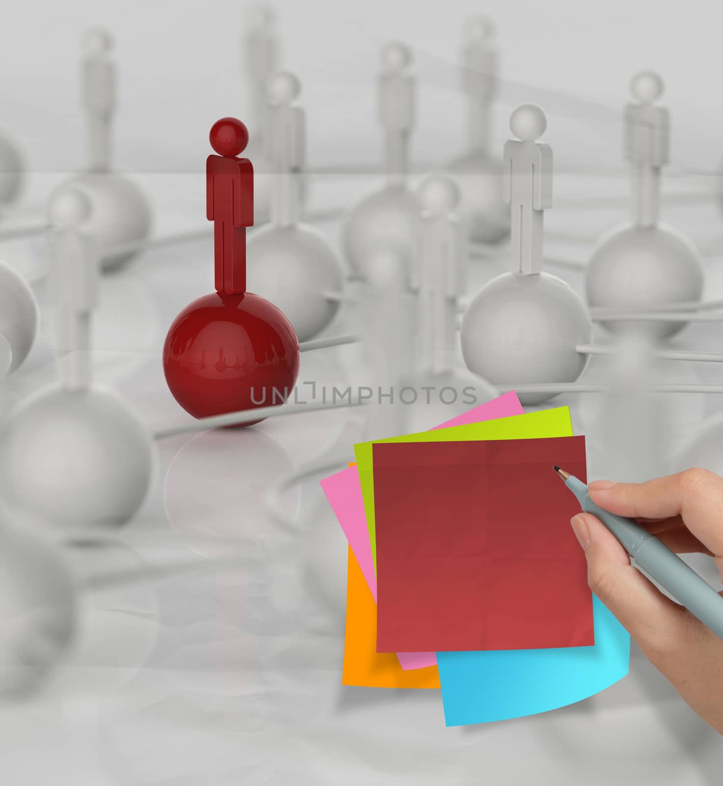 sticky note 3d human social network on crumpled paper background as concept