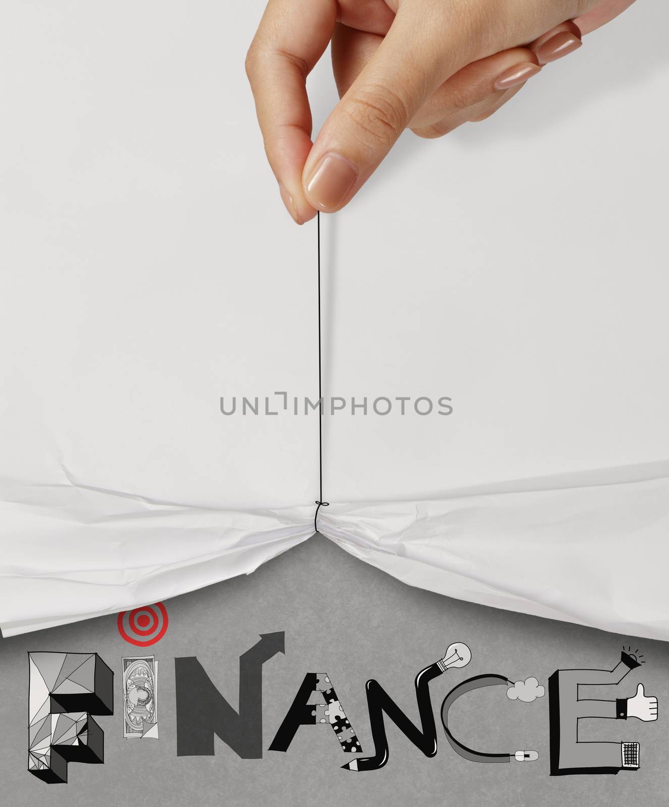 business hand pull rope open wrinkled paper show FINANCE design text as concept