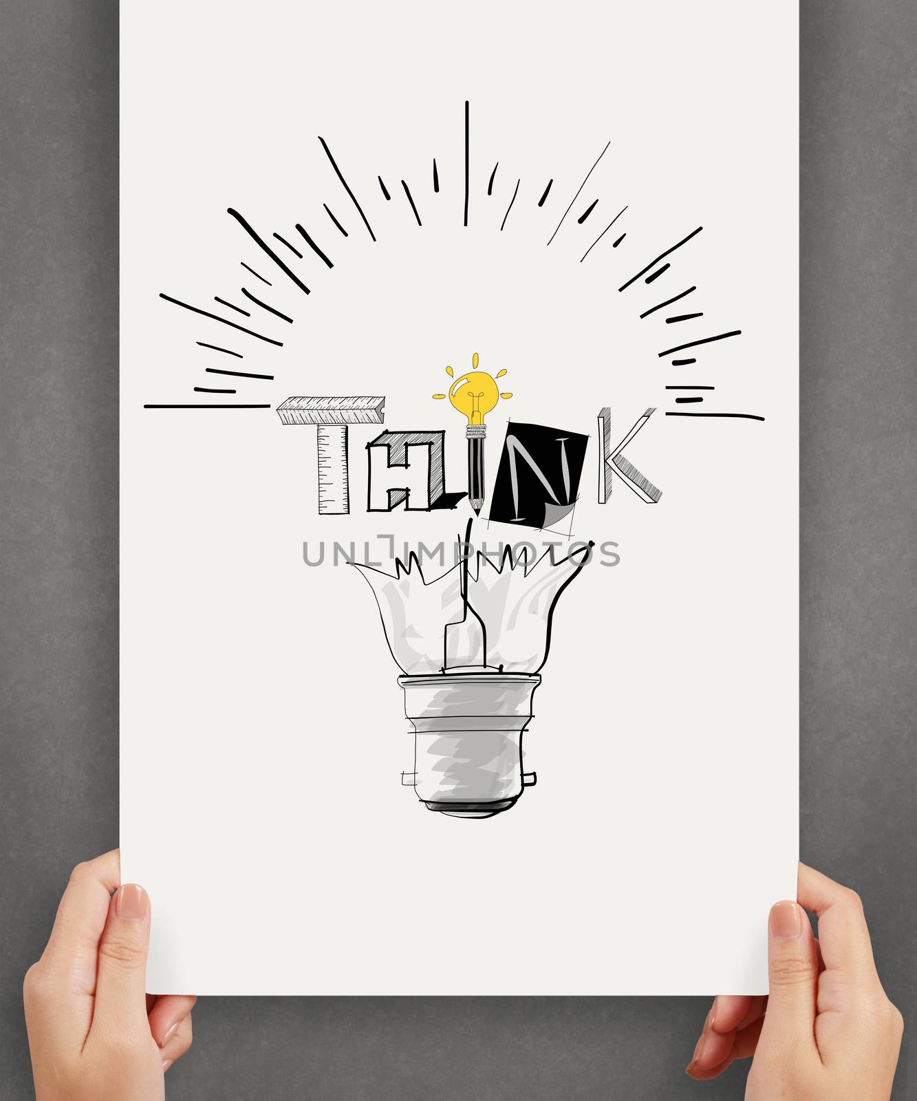 business hand holding poster show hand drawn light bulb and THINK word design as concept
