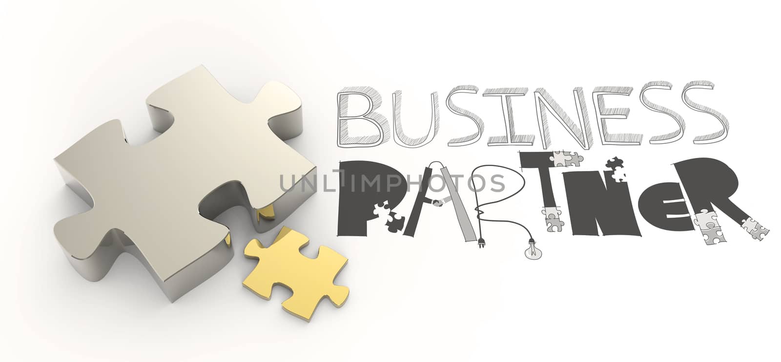hand drawn graphic word BUSINESS PARTNER and 3d puzzle as concept