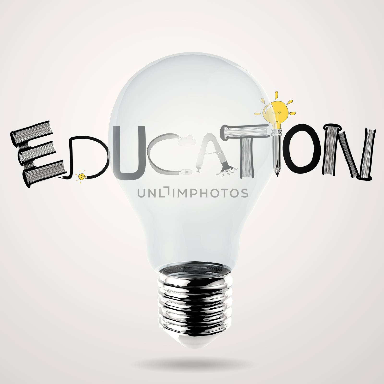  lightbulb 3d and design word EDUCATION as concept