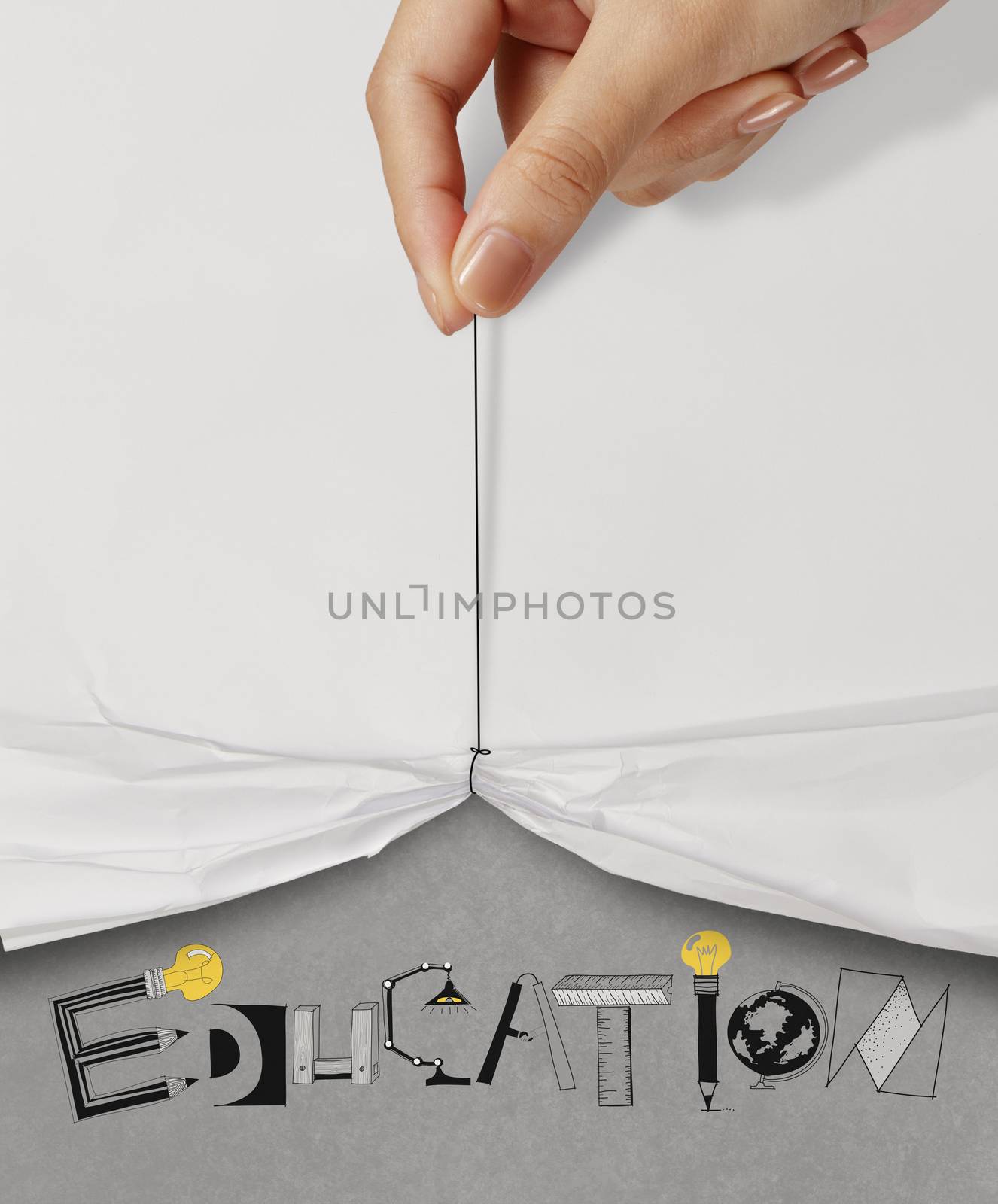 business hand pull rope open wrinkled paper show EDUCATION design text as concept