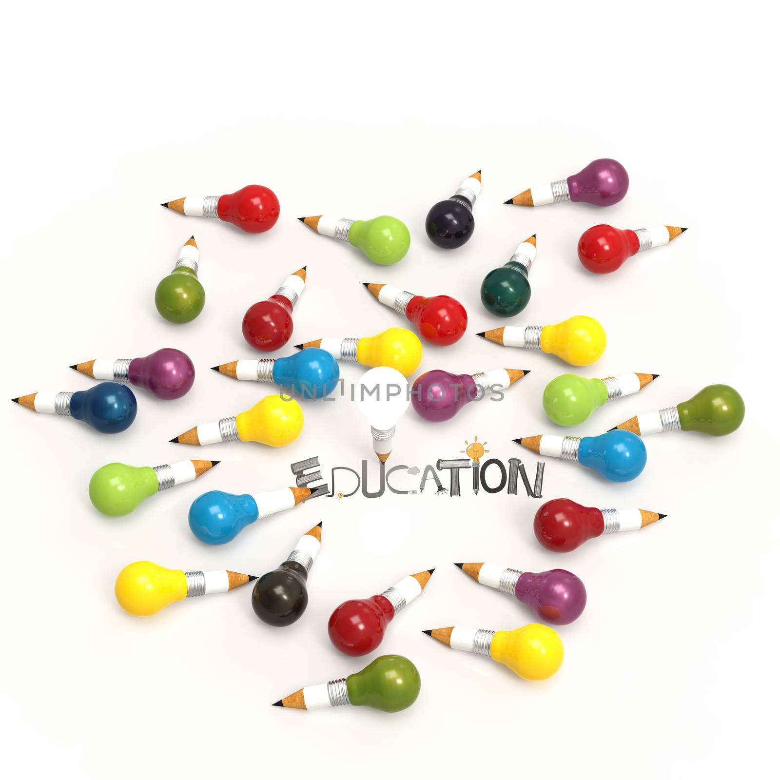 pencil lightbulb 3d and design word EDUCATION as concept by everythingpossible