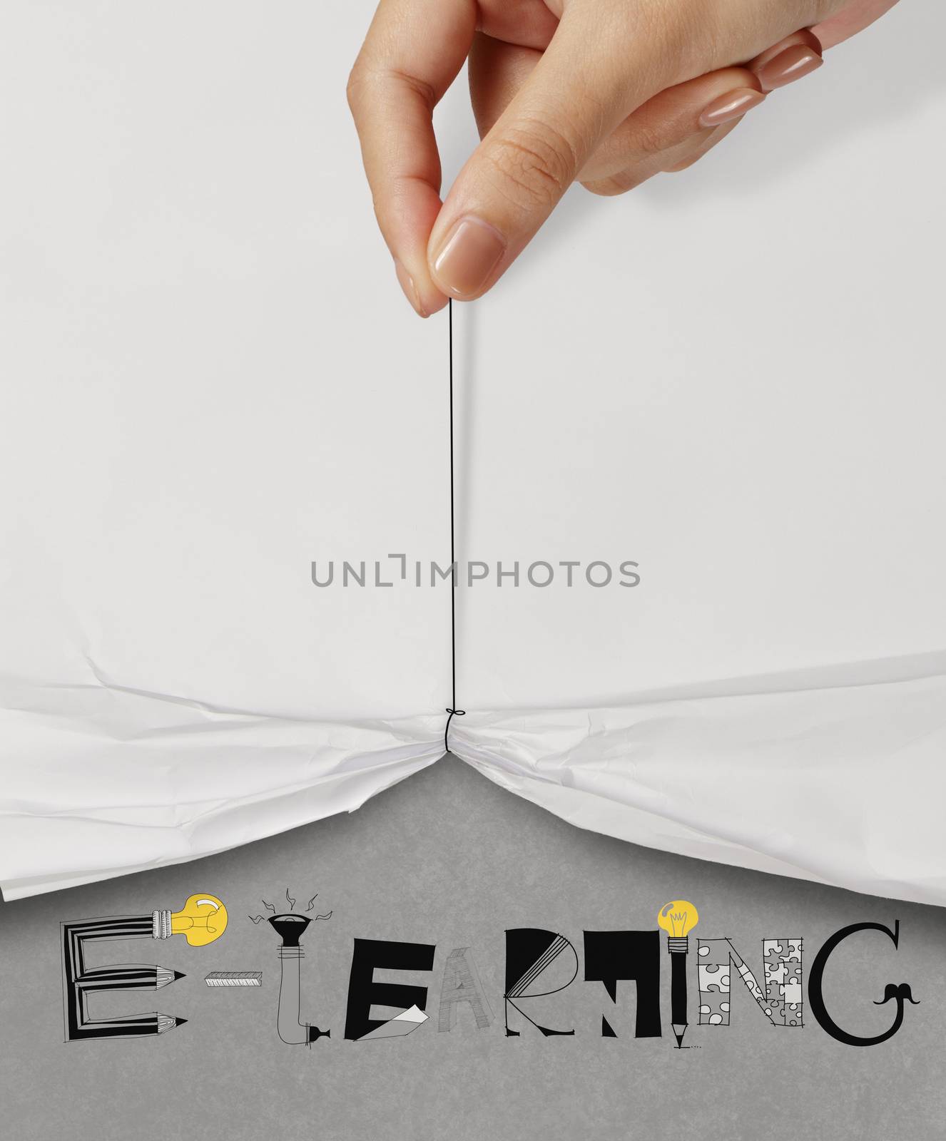 business hand pull rope open wrinkled paper show E-LEARNING design text as concept