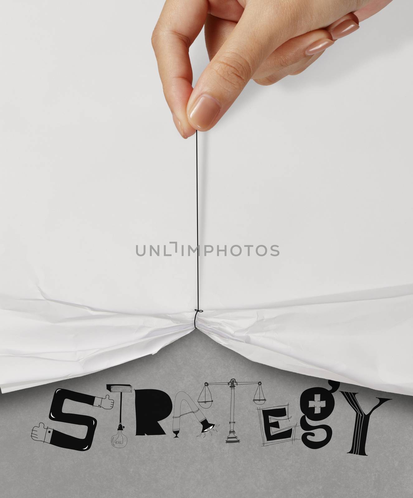 business hand pull rope open wrinkled paper show STRATEGY design by everythingpossible