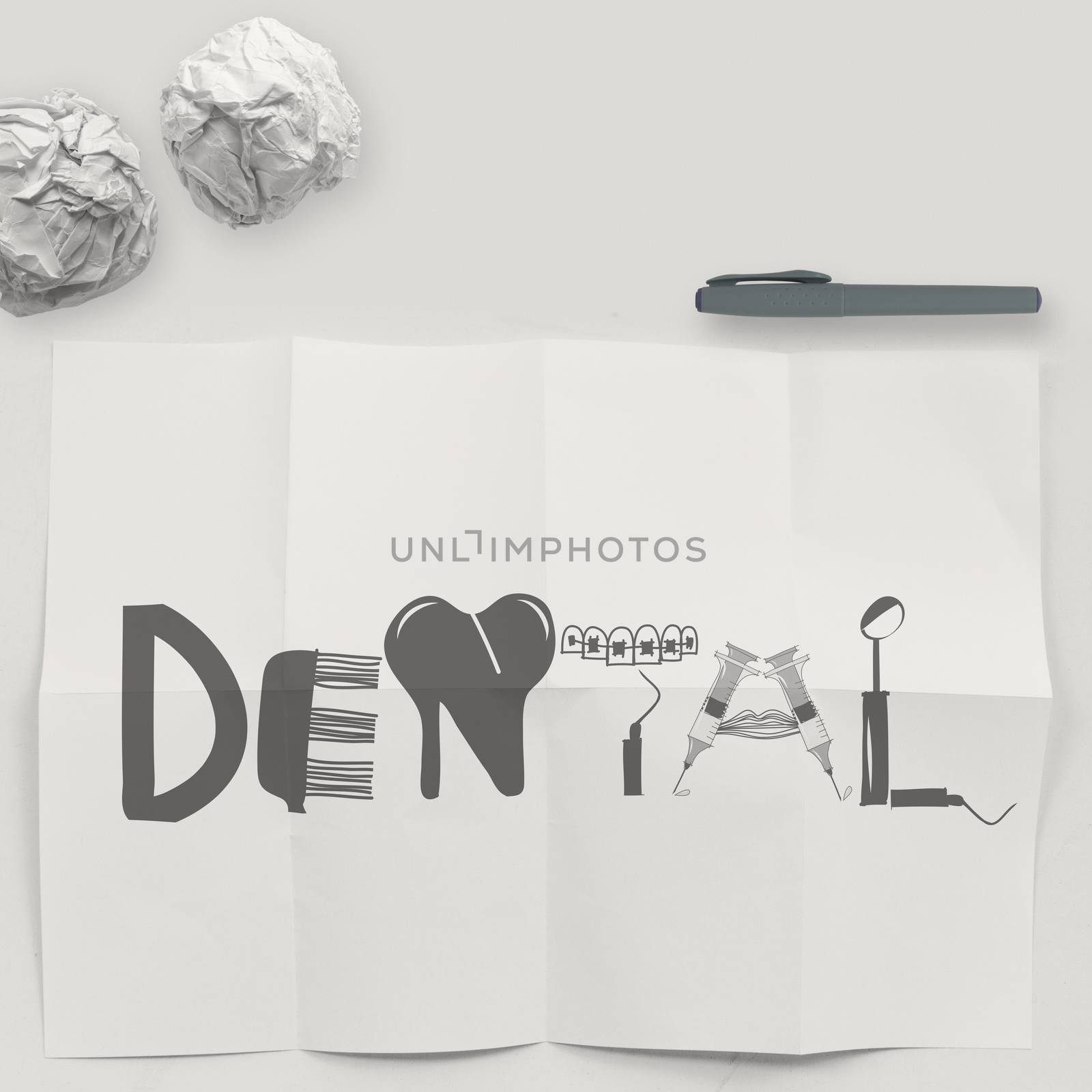 design word DENTAL on white crumpled paper and texture background as concept