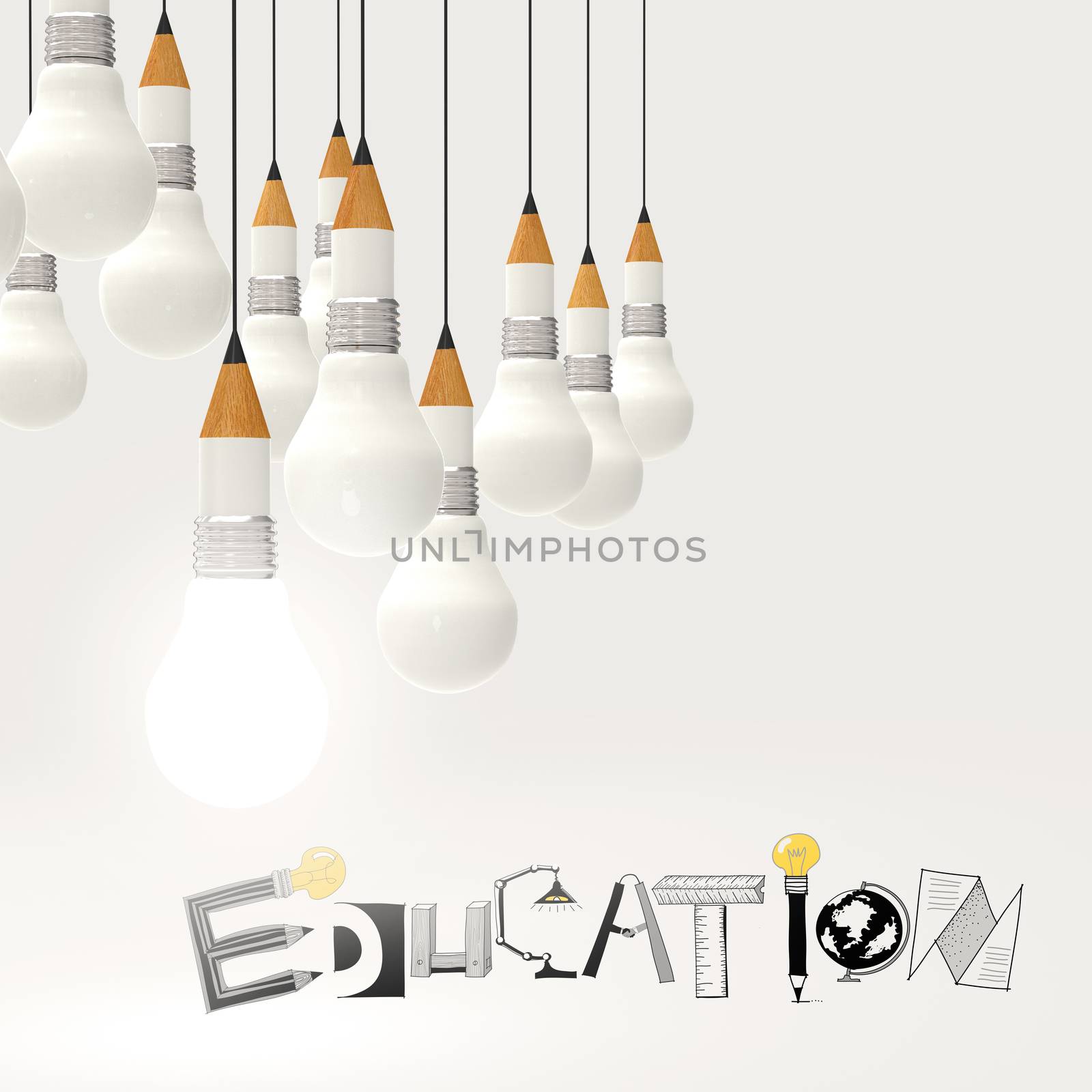 pencil lightbulb 3d and design word EDUCATION as concept