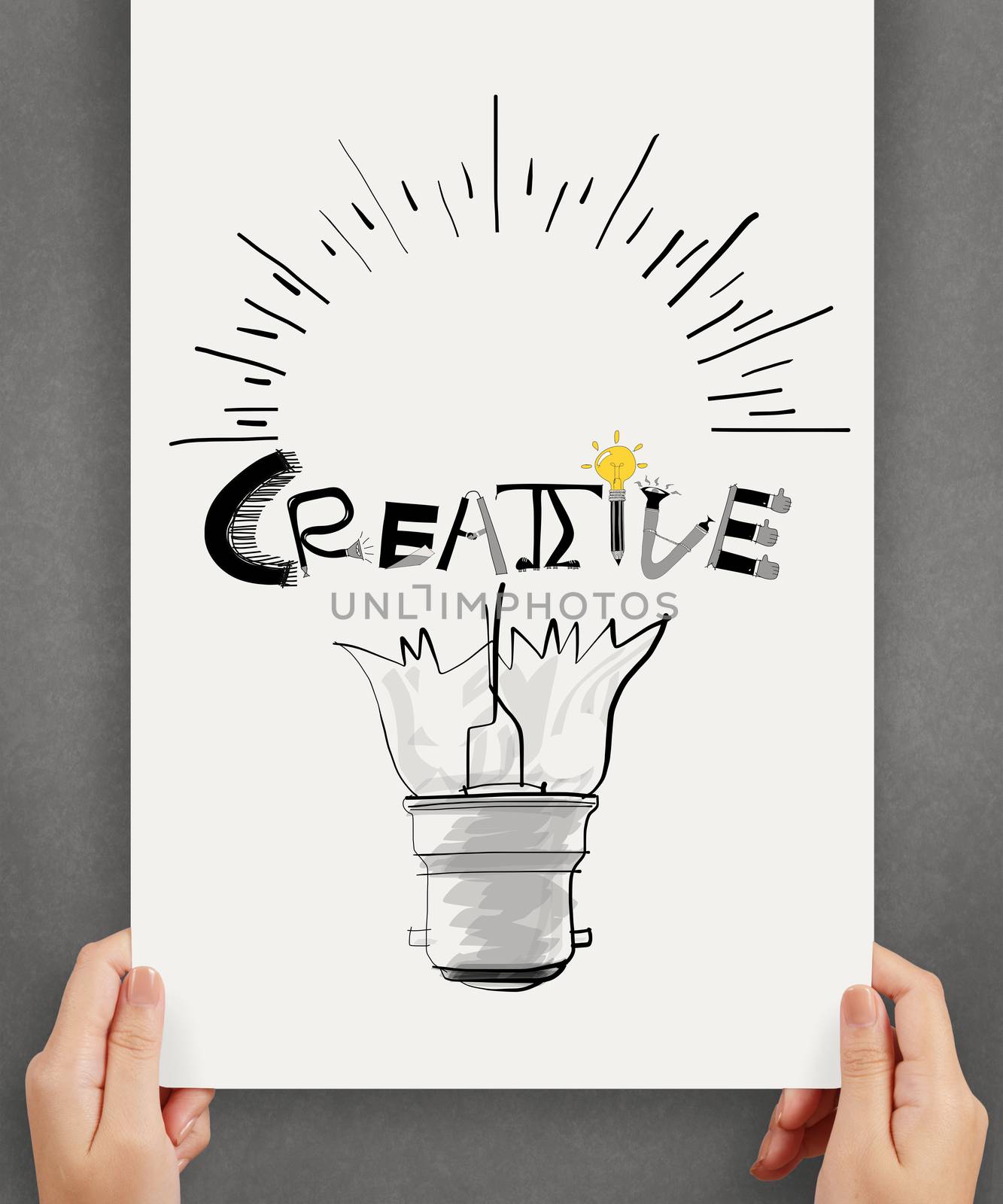 hannd show  light bulb and CREATIVE word design on paper background  as concept