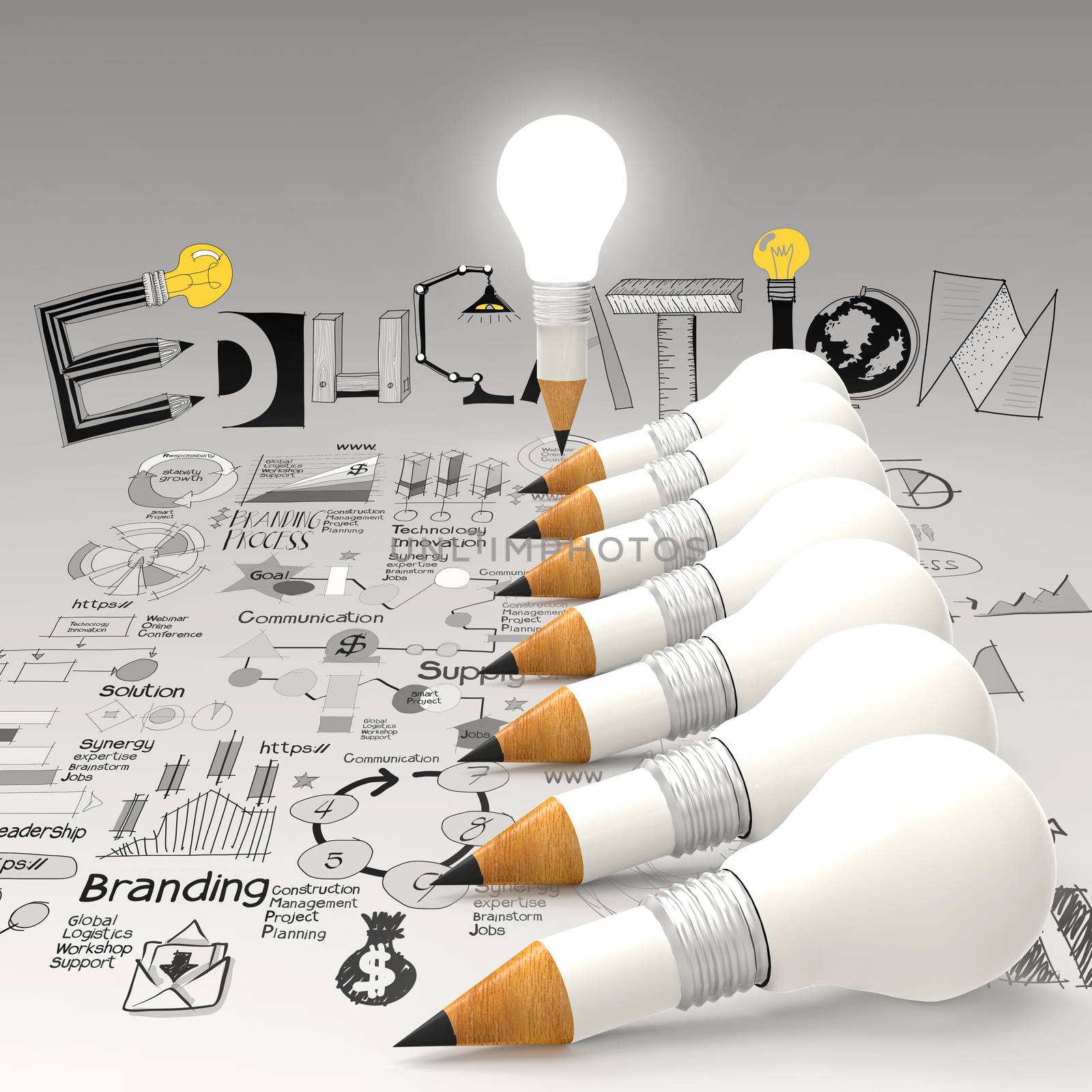 creative design hand drawn EDUCATION  word and light bulb 3d as  by everythingpossible