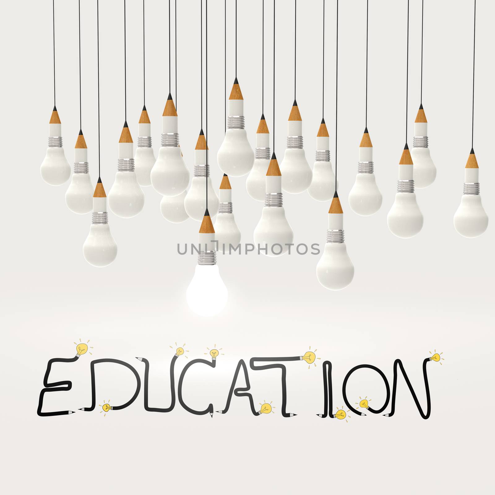 pencil lightbulb 3d and design word EDUCATION as concept