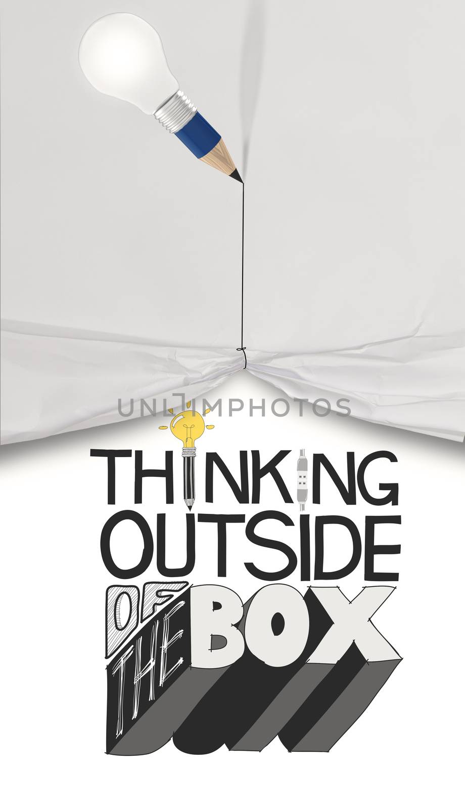 pencil lightbulb 3D draw rope open wrinkled paper show graphic design word THINKING OUTSIDE THE BOX as concept