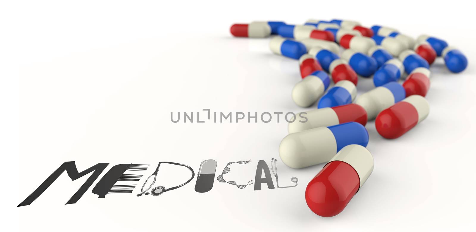 hand drawn graphic word MEDICAL and 3d capsule pills as concept