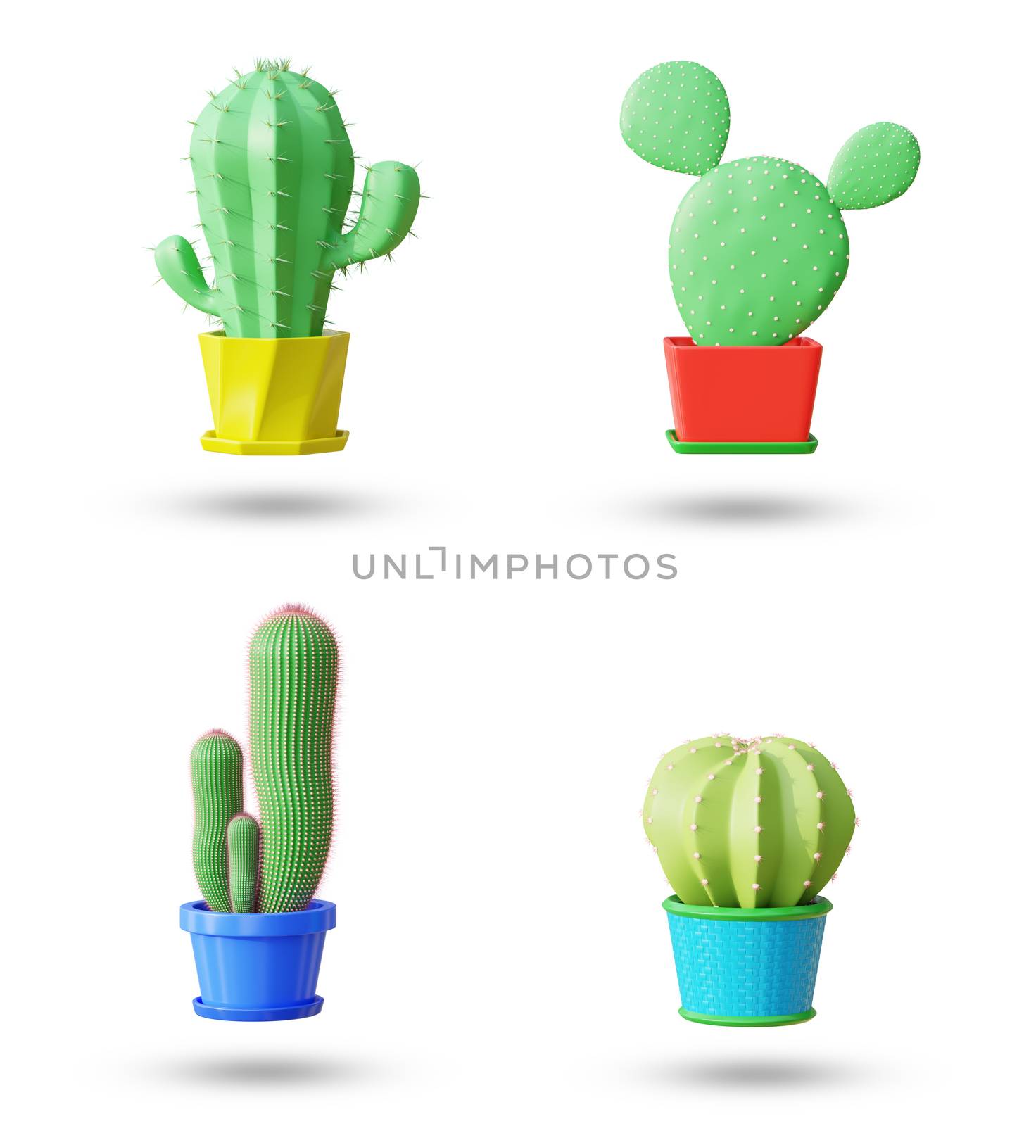 Set elements of cactus in cartoon minimal style with white background and clipping path. It is a plant that lives in the western desert. The concept of lover cactus. 3D illustration rendering.