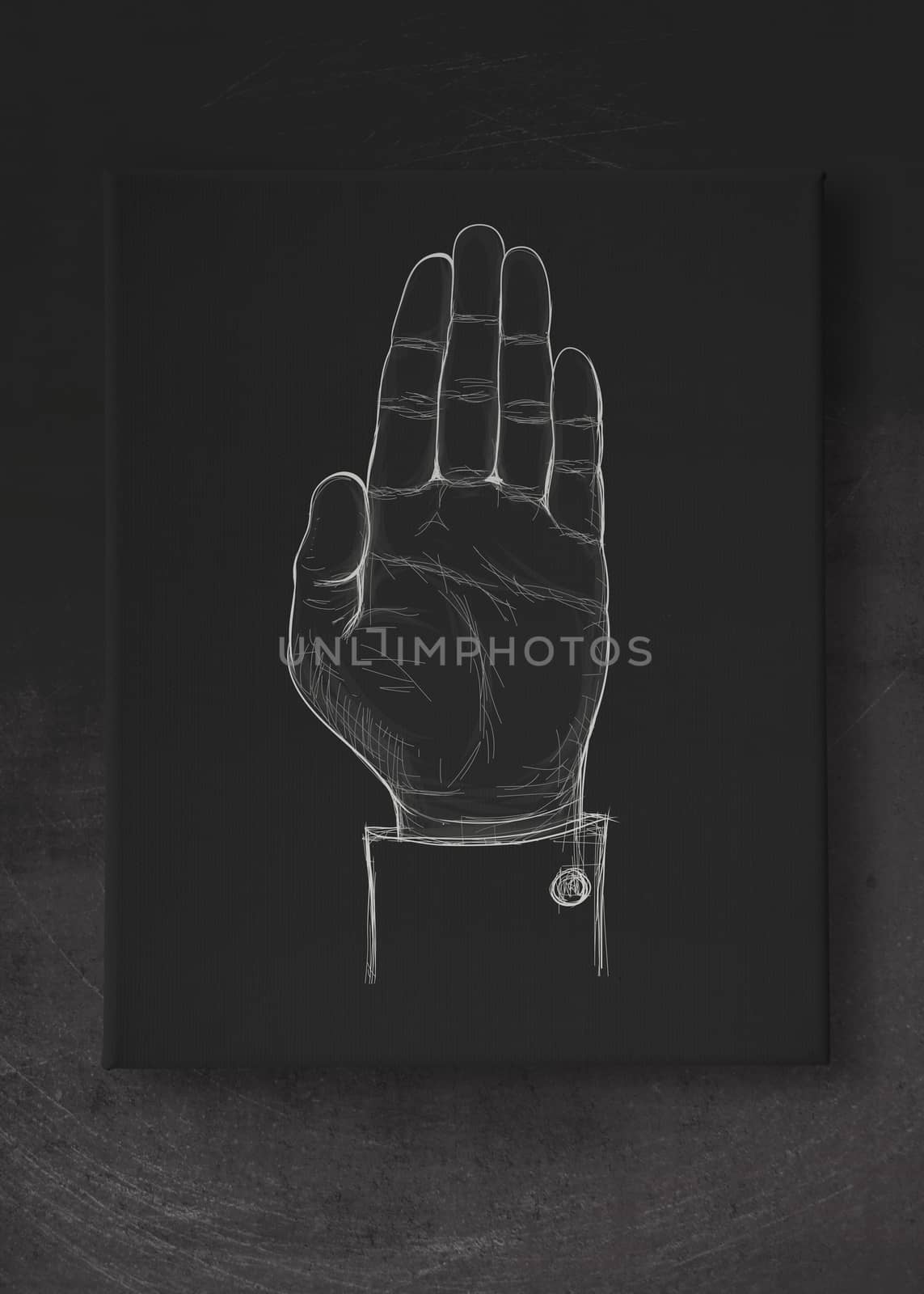  Hand raised draw sign on dark canvas board as concept by everythingpossible