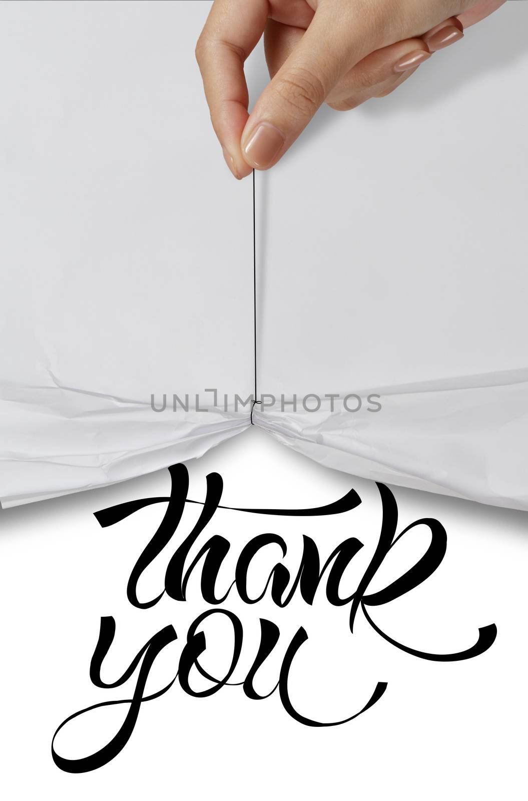 business hand pull rope open wrinkled paper show THANK YOU desig by everythingpossible