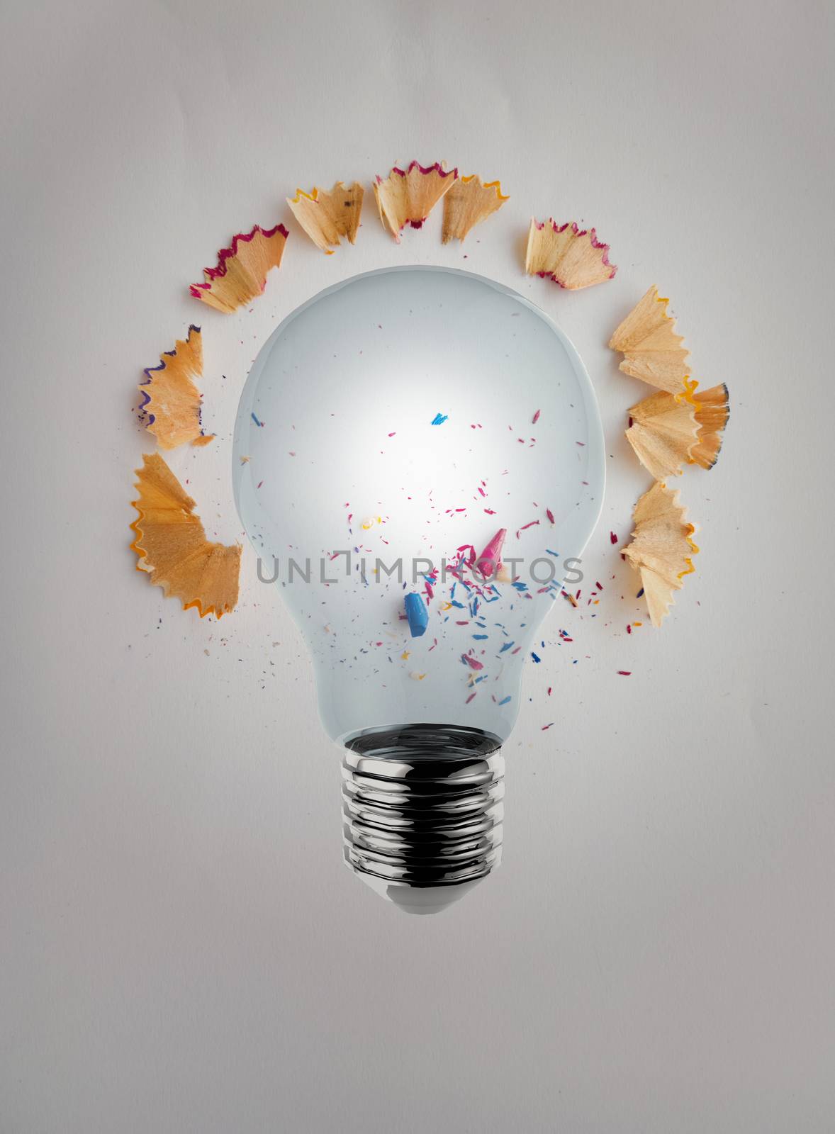 3d render light bulb with pencil saw dust on paper background as by everythingpossible