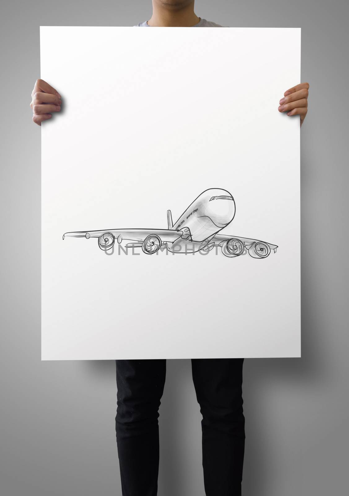 man showing poster of Airplane hand drawn as concept
