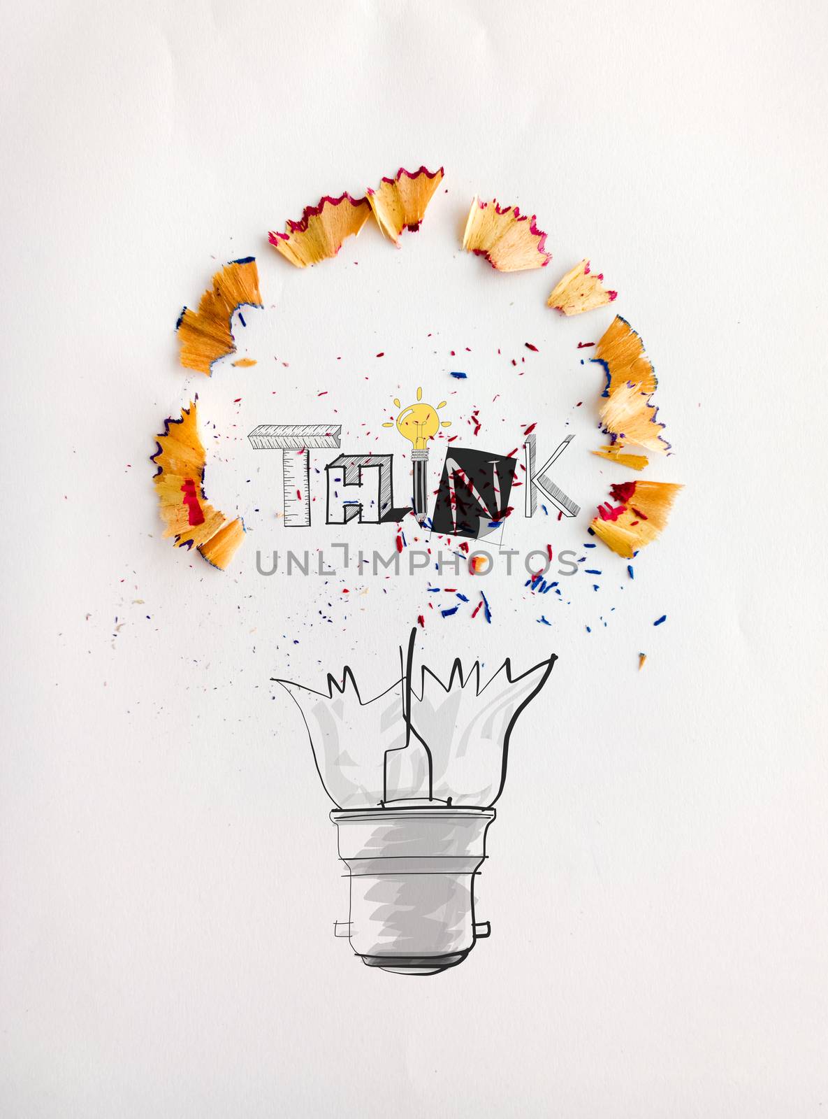 hand drawn light bulb word design THINK with pencil saw dust on  by everythingpossible