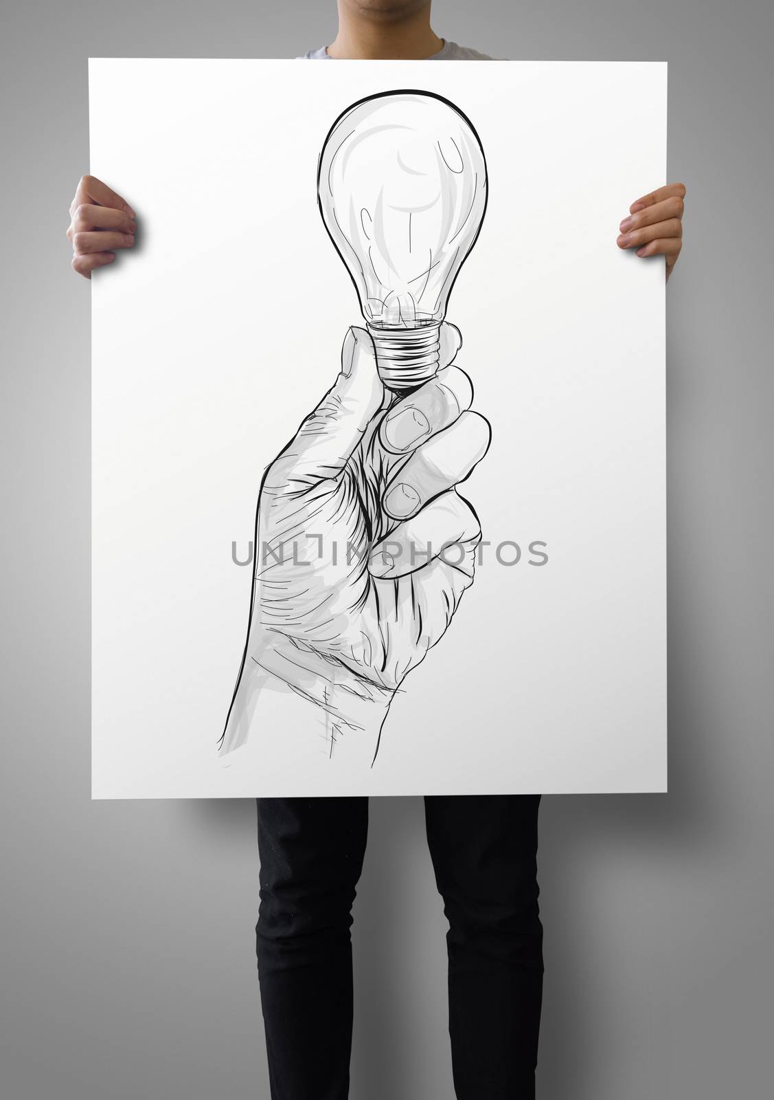 man showing poster of Hand drawn light bulb  as concept
