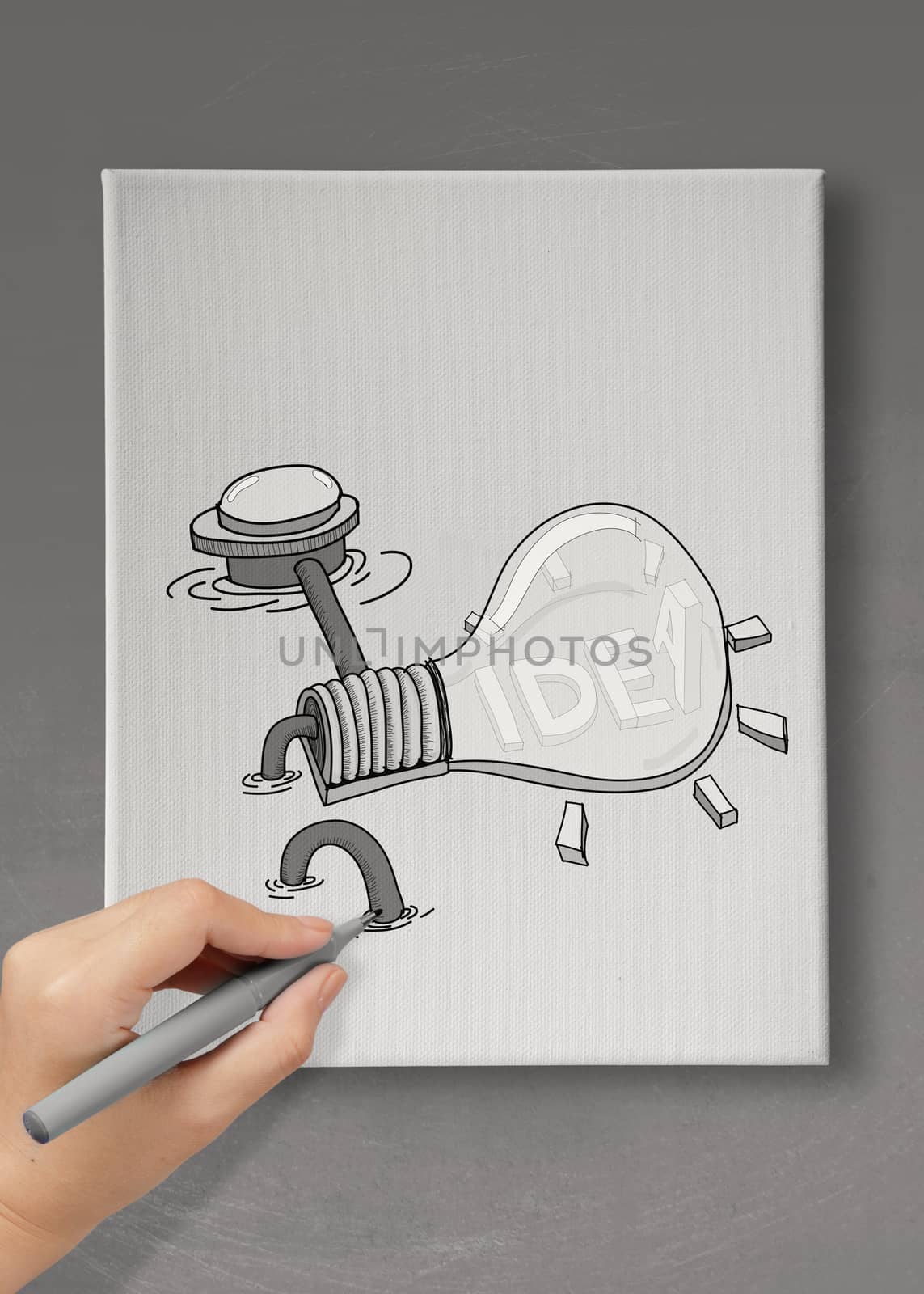 hand drawn light bulb with IDEA word on dark canvas board as creative concept