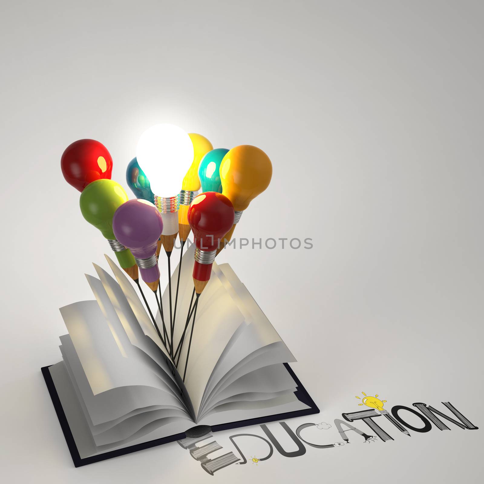 open book with pencil lightbulb 3d and design word EDUCATION as concept 