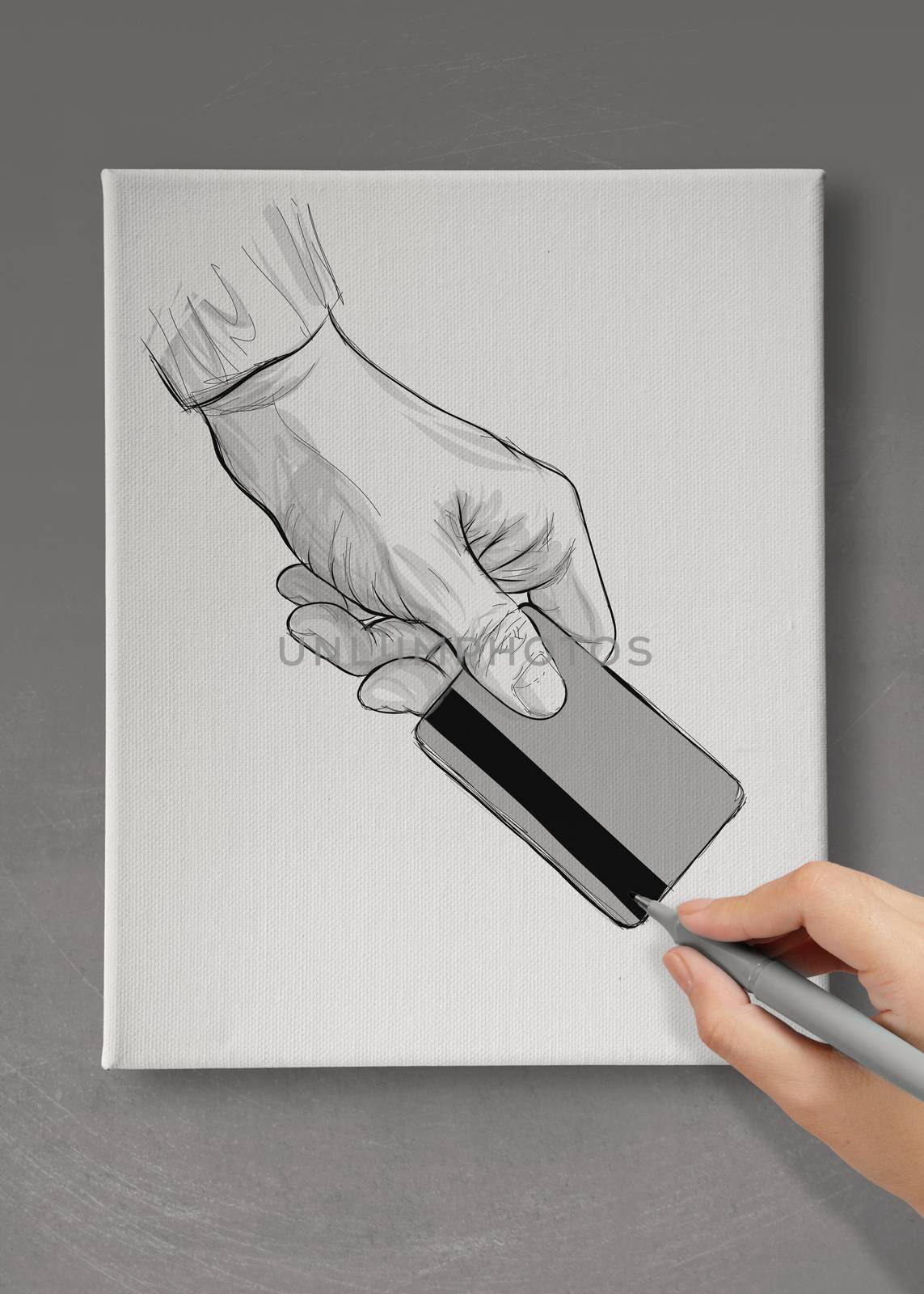 hand drawing hand holding up credit card on canvas board as concept 