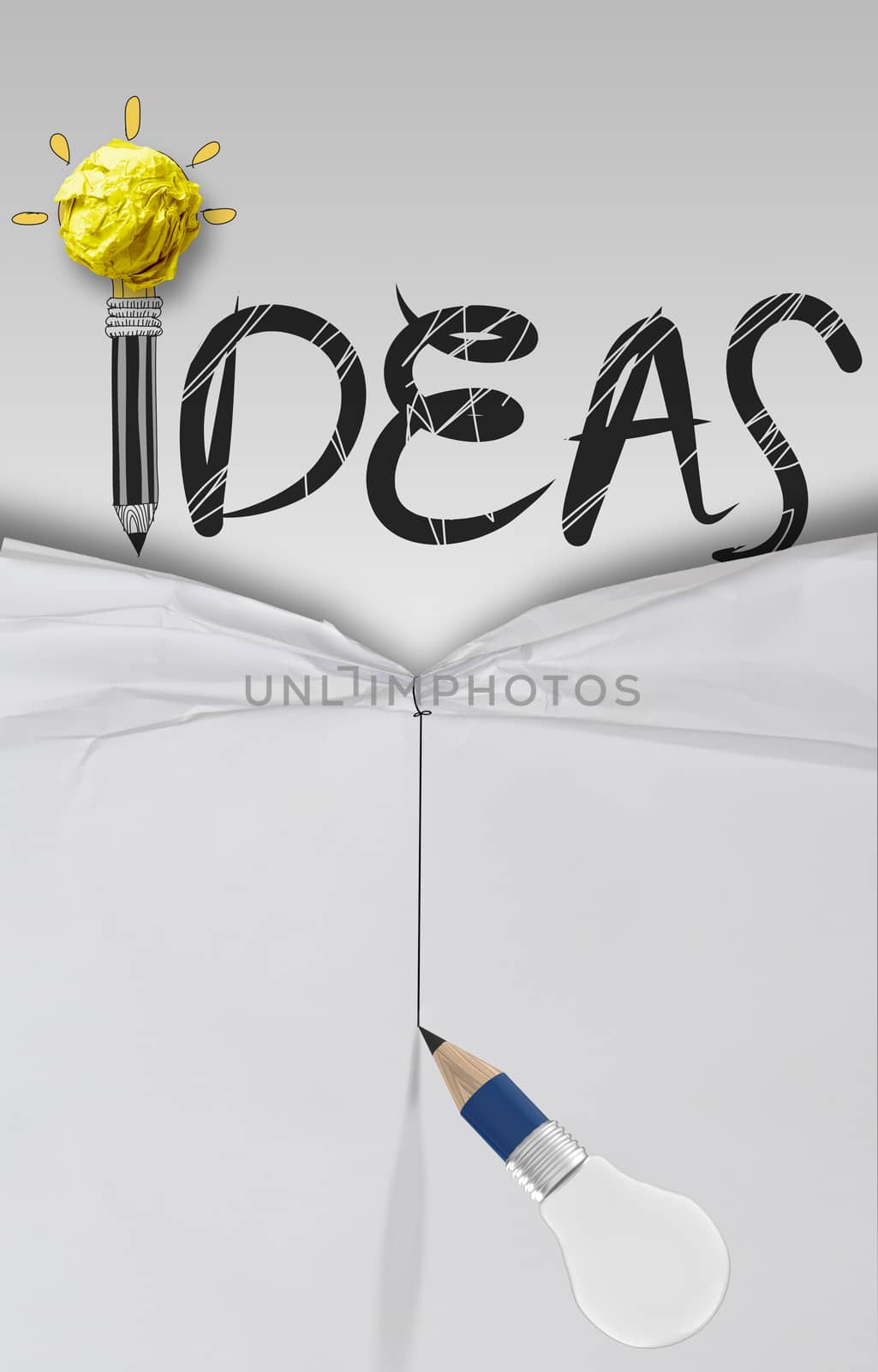 pencil lightbulb 3D draw rope open wrinkled paper show graphic design word IDEA as concept