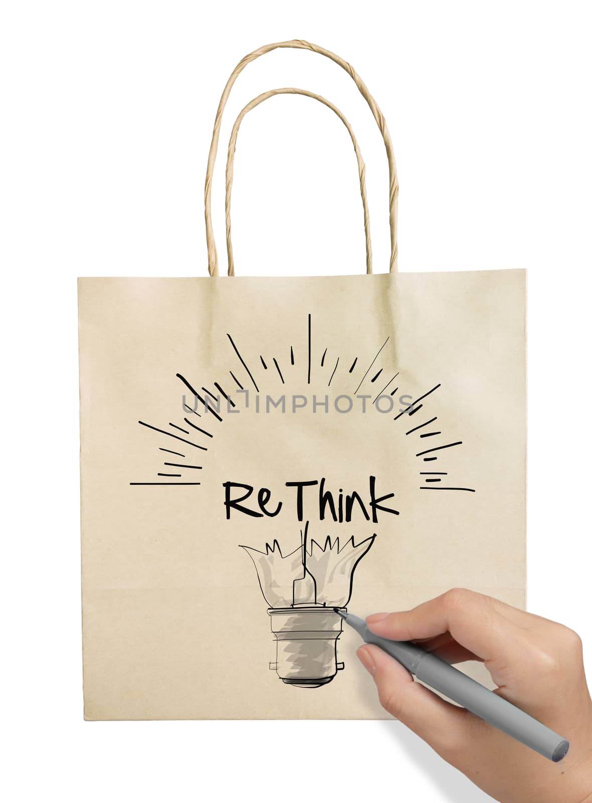 Hand drawn light bulb with RETHINK word paper recycle bag on whi by everythingpossible