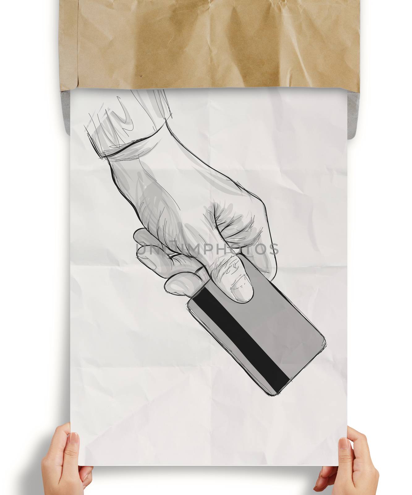 hand drawn hand holding up credit card on crumpled paper backgro by everythingpossible