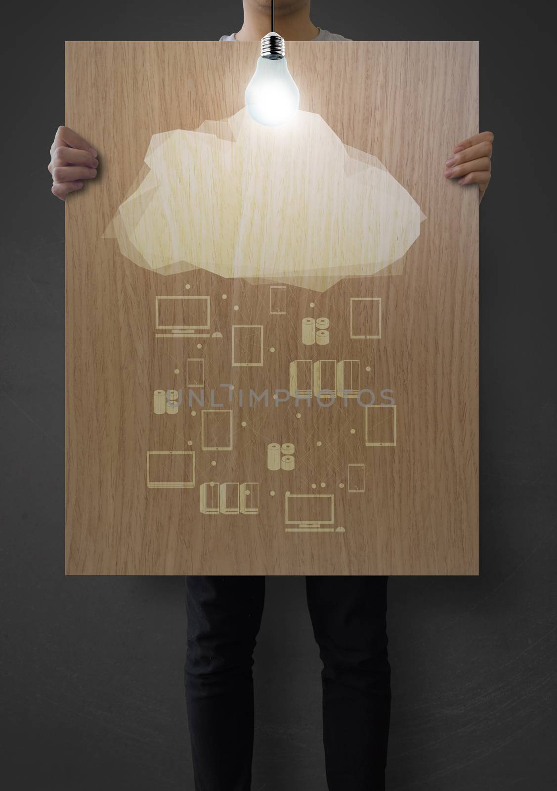 man showing poster of graphic cluod network diagram on wooden bo by everythingpossible