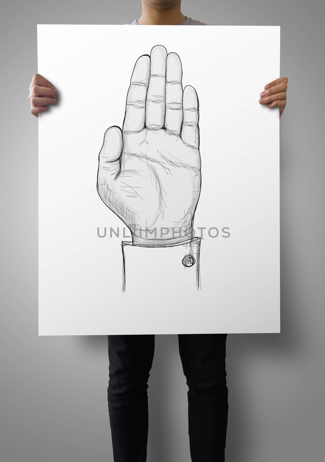 businessman show poster with drawing of Hand raised  as concept  by everythingpossible