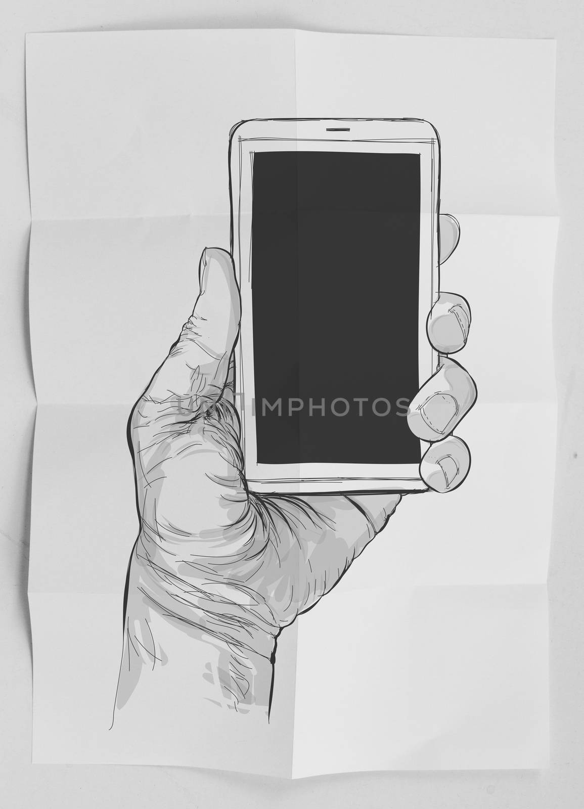 Hand drawn hands with mobile phone on crumpled paper as concept