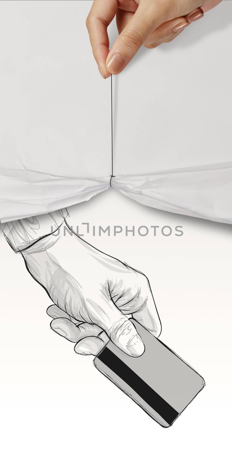 hand drawn hand holding up credit card on crumpled paper background concept 