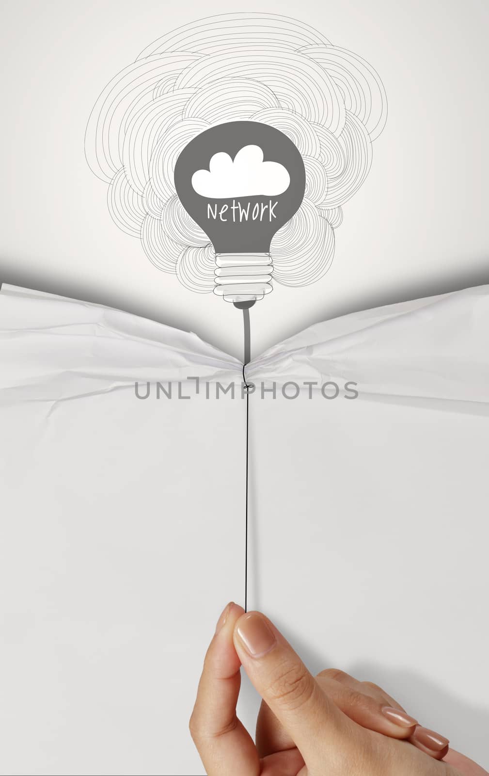 business hand pull rope open wrinkled paper show cloud network icon design text as concept