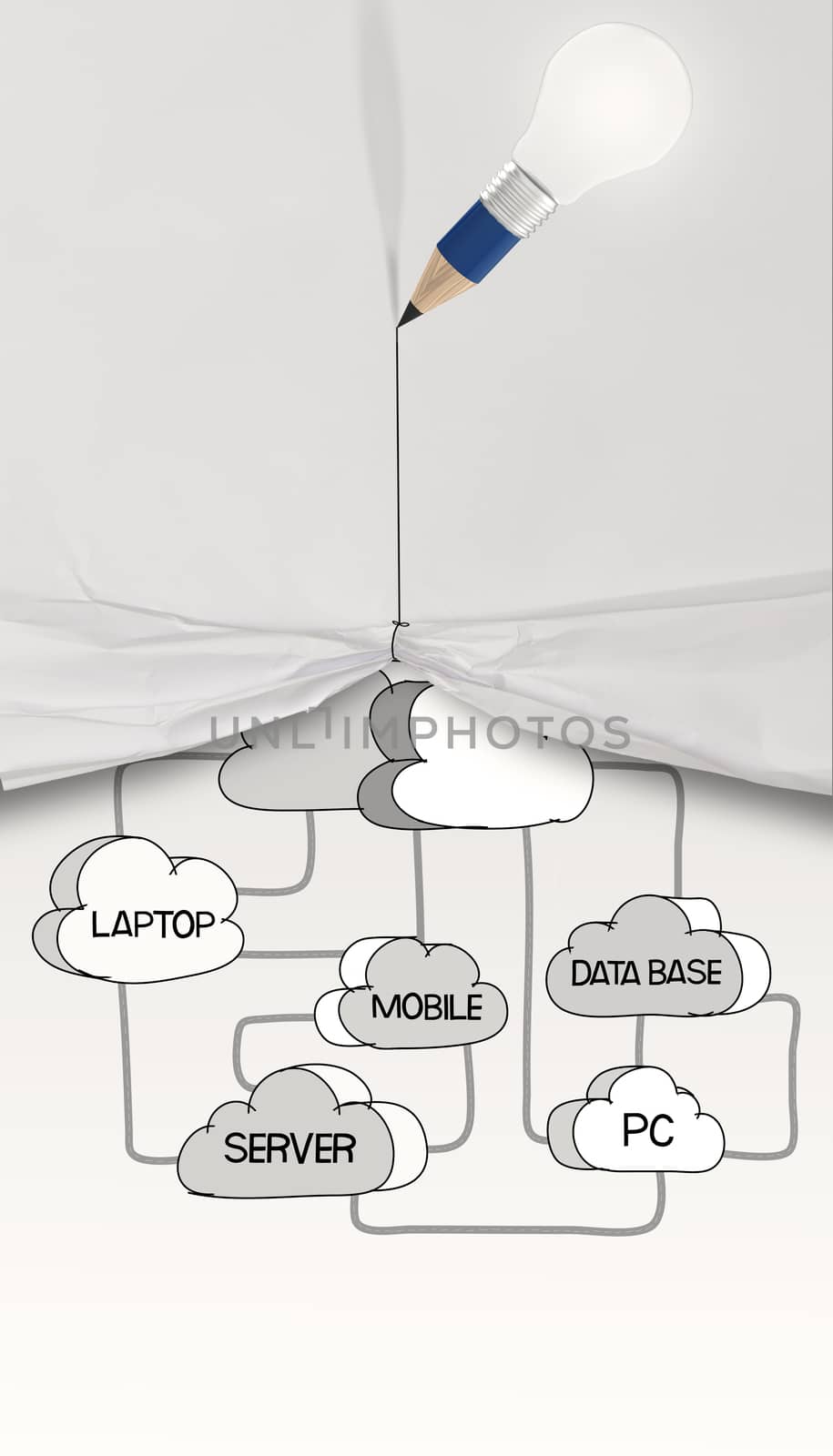 pencil lightbulb 3D draw rope open wrinkled paper show graphic cloud network diagram as concept