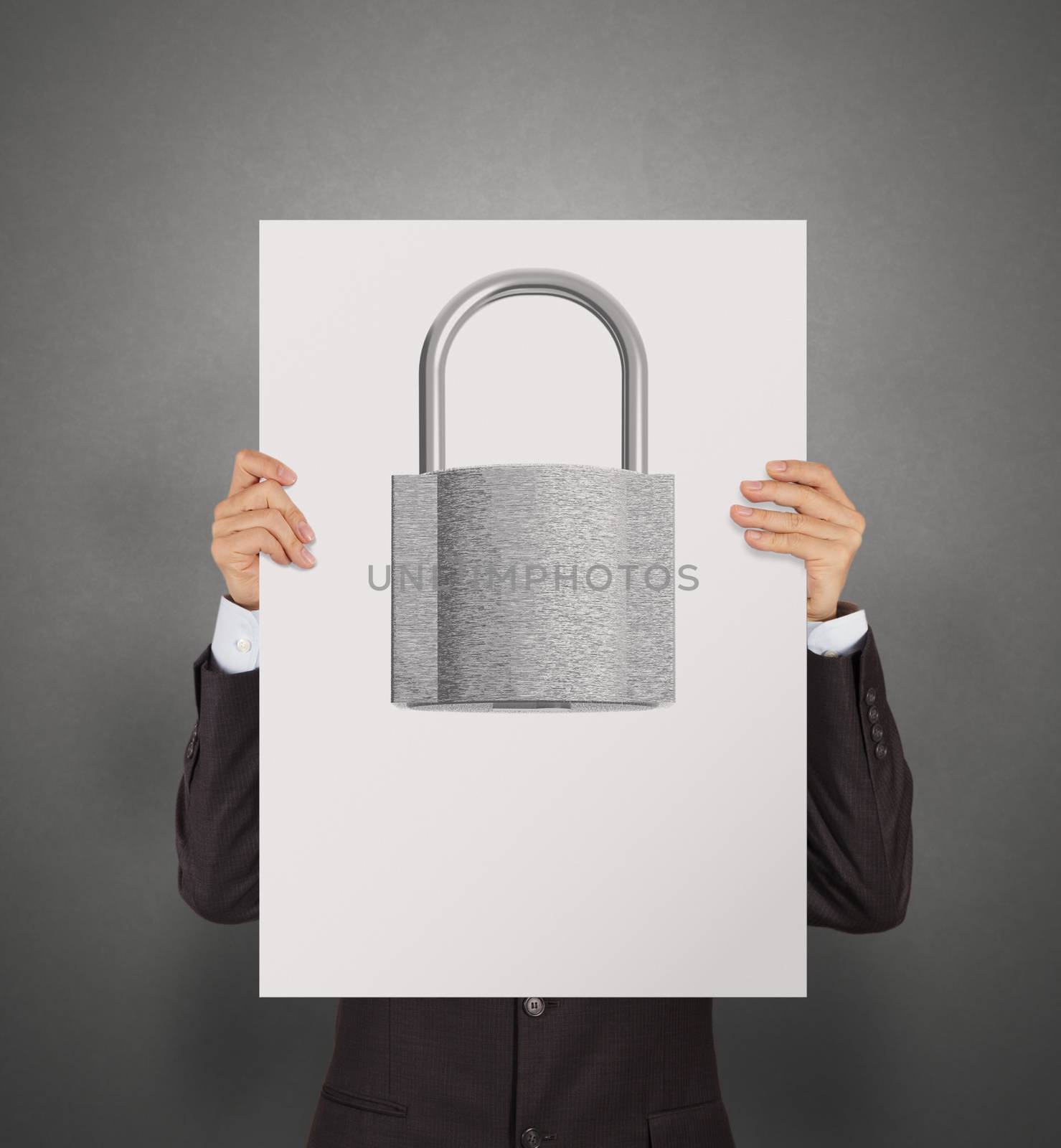 businessman hand showing poster of 3d metal padlock as security  by everythingpossible