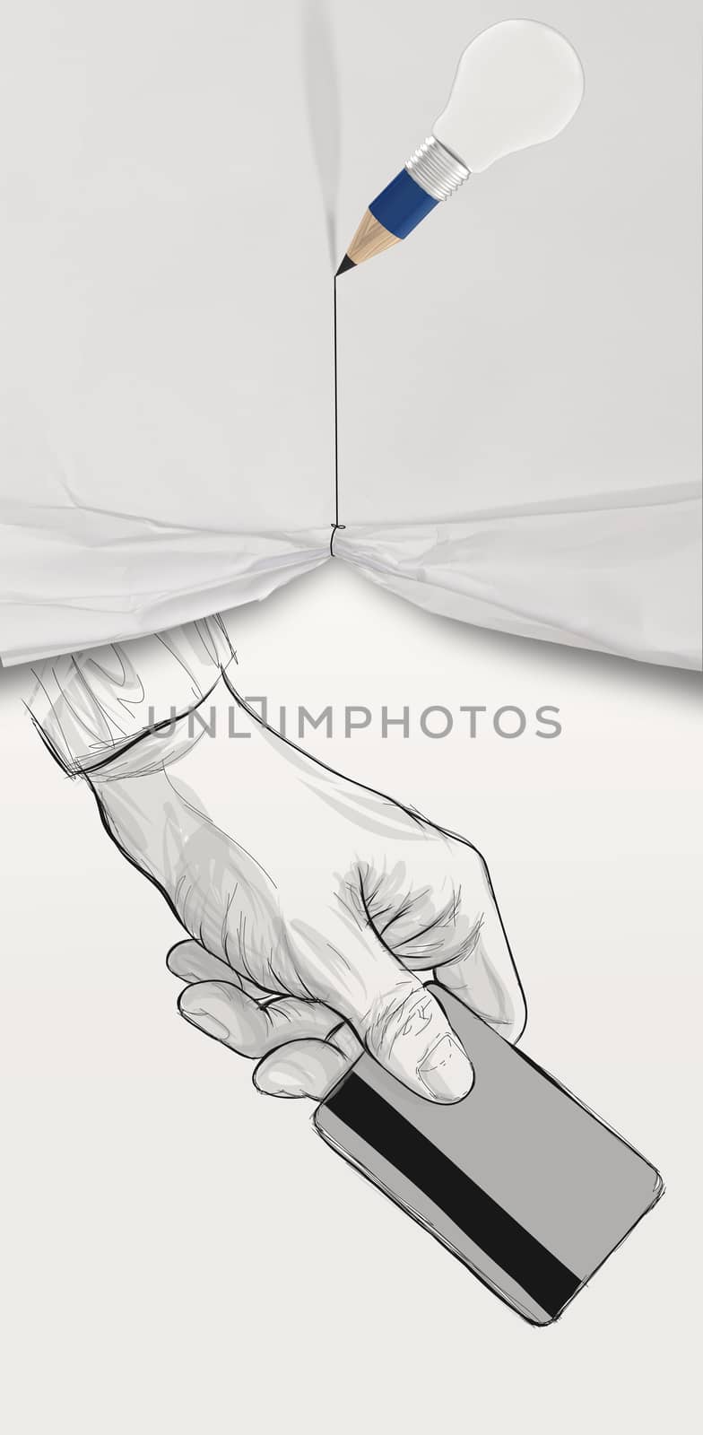 pencil lightbulb 3D draw rope open wrinkled paper show graphic  hand holding up credit card on book  as concept 