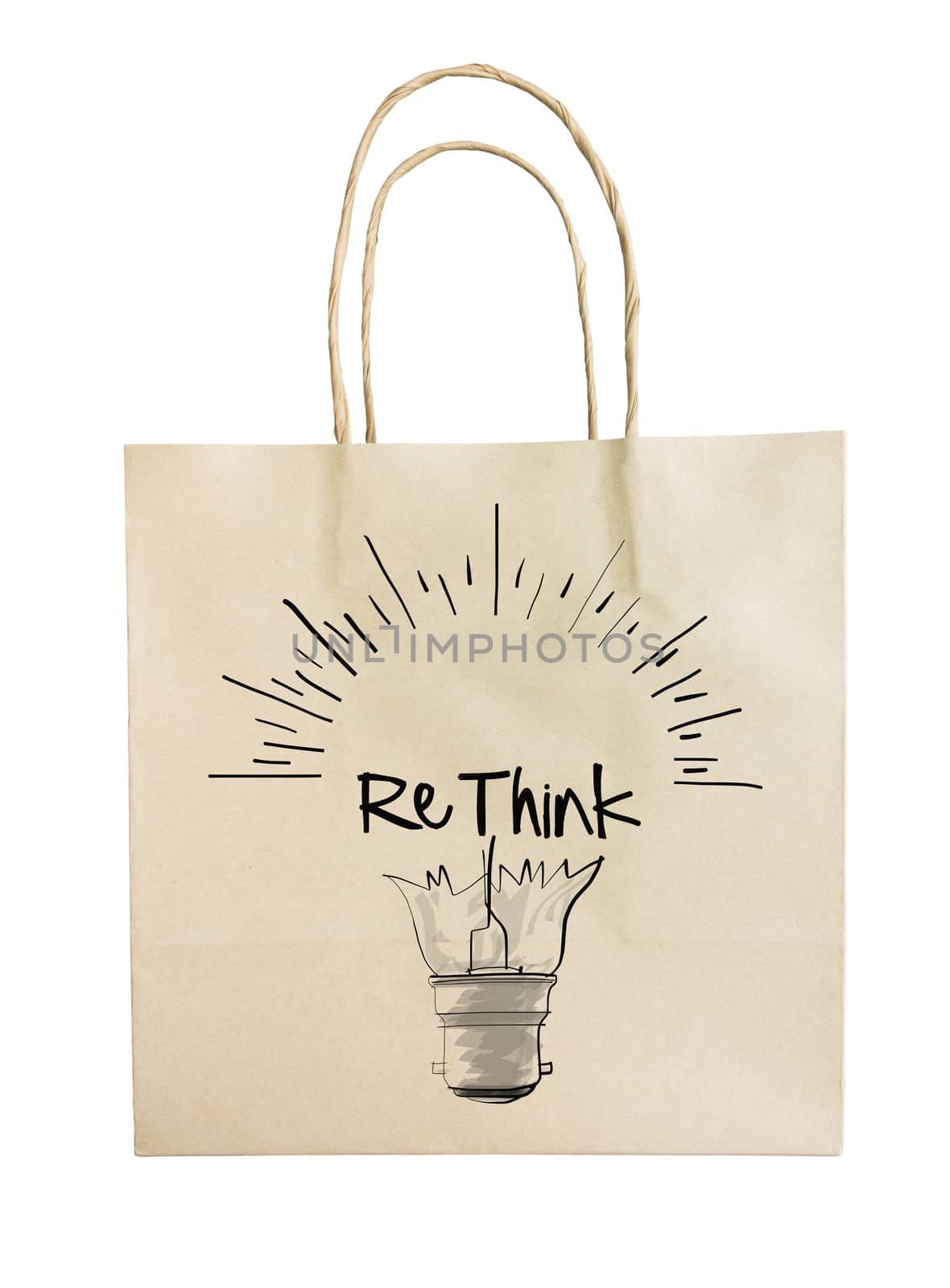 Hand drawn light bulb with RETHINK word paper recycle bag on whi by everythingpossible