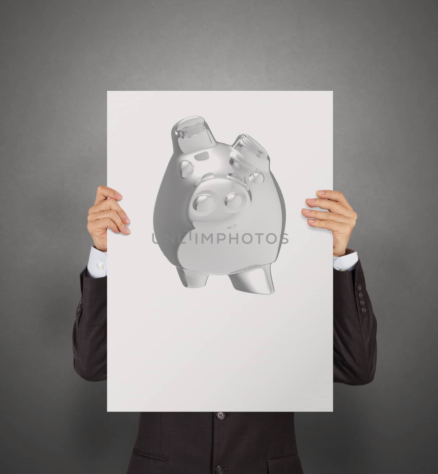 businessman show poster of 3d piggy bank as concept by everythingpossible