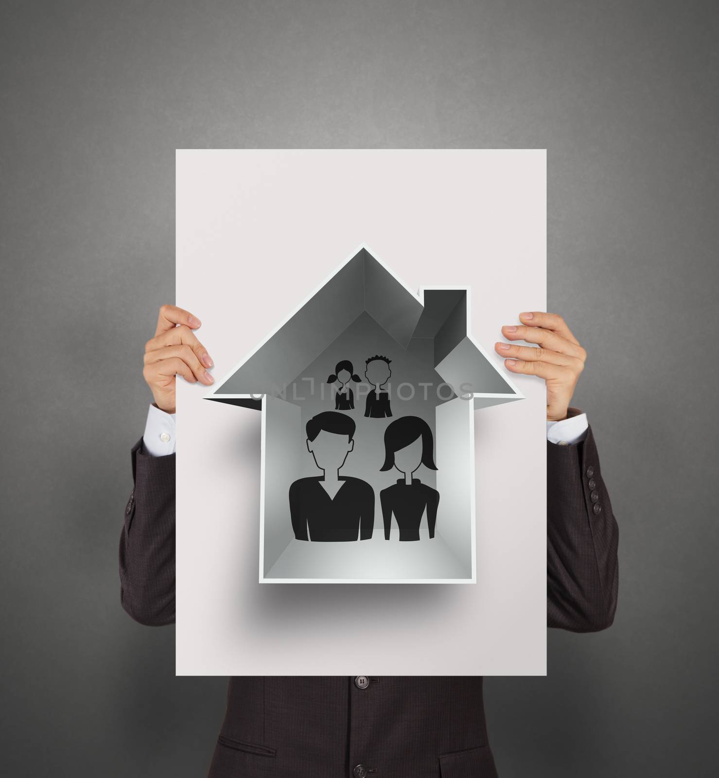 businessman show hand draw family and house on poster as insurance concept