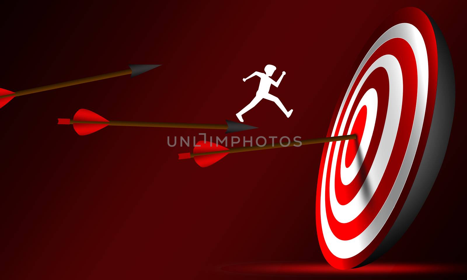Man jump between red arrows for success, 3d rendering