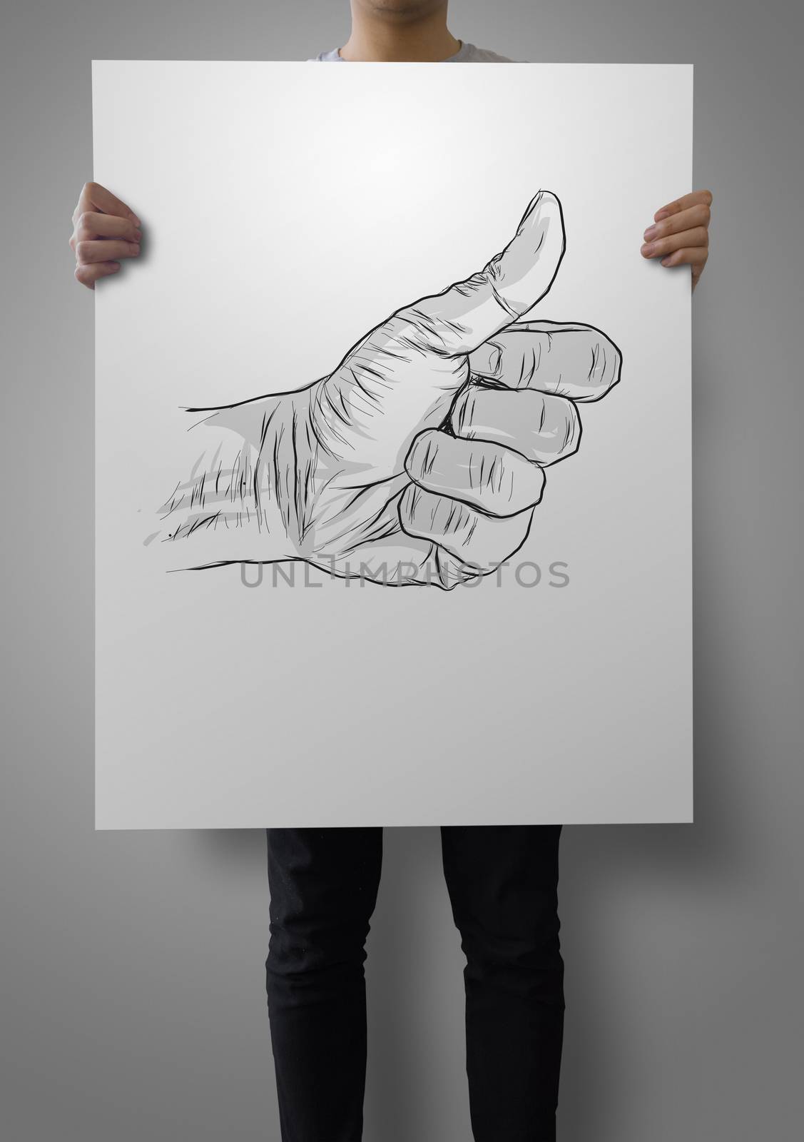 man showing poster hand drawn of hand giving a thumbs up as conc by everythingpossible