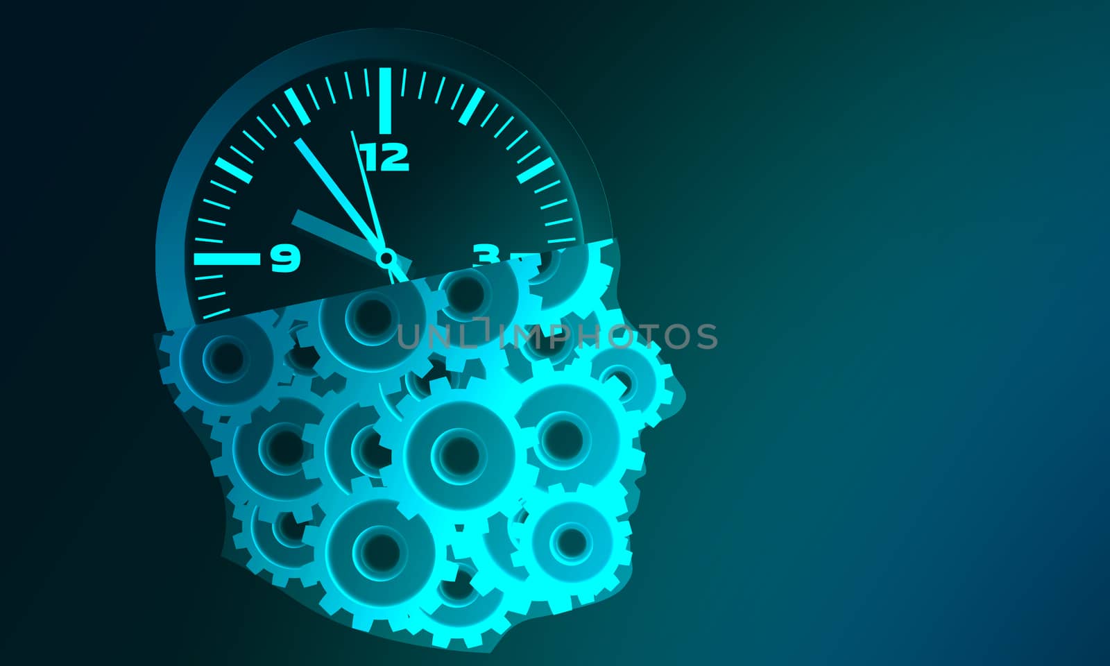 Human head with cogs and clock for business planning concept, 3d rendering.